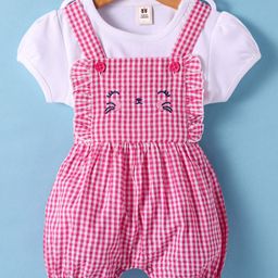 ToffyHouse Cotton Knit Checks Dungaree & Half Sleeves T-Shirt With Cat Print - Pink-image-48