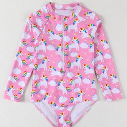 Mark & Mia Full Sleeves V Cut Swimsuit With Unicorn Print - Pink-image-29
