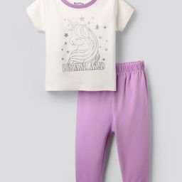 Bonfino Cotton Knit Half Sleeves Night Suit with Unicorn Print - White & Mauve-image-69