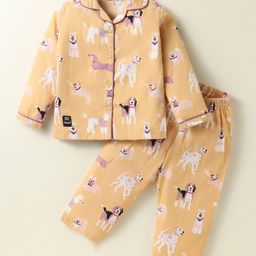 Enfance Core Cotton Woven Full Sleeves Dogs Printed Coordinating Night Suit Set - Fawn-image-96