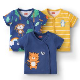 Babyhug 100% Cotton Interlock Knit Front Open Vest With Animal Print Pack Of 3 - Navy Blue & Yellow-image-57
