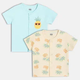 MINI KLUB Cotton Knit Pack Of 2 Half Sleeves Pineapple & Trees Printed Jhablas - Yellow & Blue-picture-24