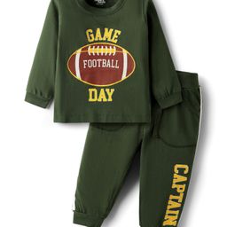 Doodle Poodle 100% Cotton Knit Full Sleeves Text Printed T-Shirt & Lounge Pant Set Tape Detailing - Olive Green-picture-10