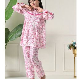 Bella Moda Cotton Woven Three Fourth Bell Sleeves Floral Printed Top & Coordinating Pant Set - Pink-picture-15