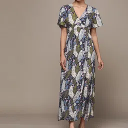 Label Ritu Kumar Blue & Olive Green Floral Empire Midi Dress-image-30