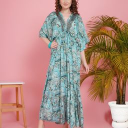 Boholyfe Women Blue Breeze Floral Print Kimono Sleeve V-Neck Maxi Dress-image-6