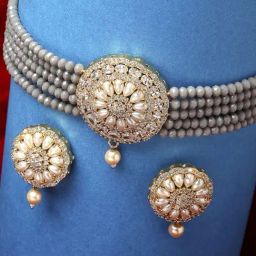 Zeneme Gold Plated Grey White Pearl Studded Beaded Jewellery Set-26