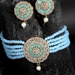 Zeneme Turqoise Blue Gold Plated Stone Studded Multistrand Choker Jewellery Set-image-41