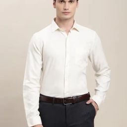 Turtle Cream Cotton Slim Fit Self Design Shirt-image-72