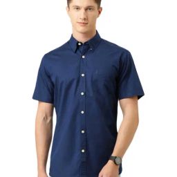 Burnt Umber Navy Cotton Regular Fit Shirt-image-13