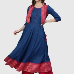 YASH GALLERY Blue & Pink Printed Flared Kurta-image-80