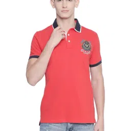 Basics Red Cotton Slim Fit Printed Polo T-Shirt-image-44
