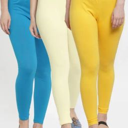 Gracit Yellow & Blue Mid Rise Leggings - Pack Of 3-image-74