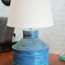 Homesake Rustic Milk Gagar Turquouise Metal Table Lamp with Khadi Drum Shade-28