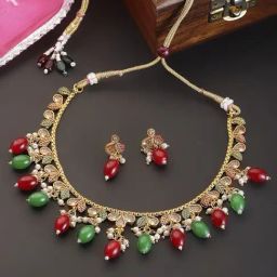 Zeneme Gold Plated Red Green Beaded Leaf Necklace-17