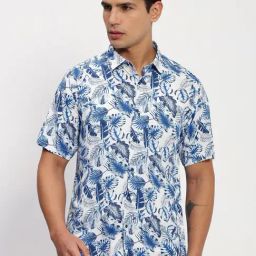 Showoff Blue Cotton Slim Fit Floral Print Shirt-image-52