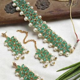 Zeneme Gold Plated Green Kundan Studded Choker Jewellery Set-19