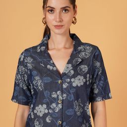 IX IMPRESSION Floral Print Cotton Denim Shirt Style Crop Top-image-19