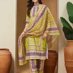 Janasya Women Green Cotton Blend Floral Printed Straight Kurta Set-picture-39