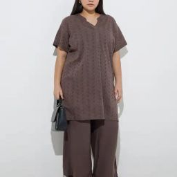 Diza by Westside Dark Brown Schiffli Design High-Low Cotton Kurta-image-41