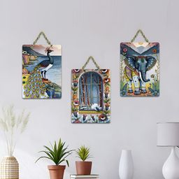 ArtVibes Blue & Green 3 Pieces Peacock Window & Elephant Printed Wooden Hanging Wall Arts-image-7