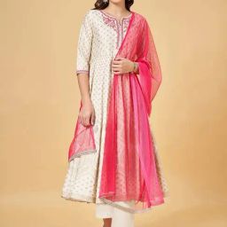 Rangmanch by Pantaloons Off-White Printed Flared Kurta With Dupatta Set-image-28
