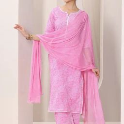 Libas Pink Bandhani Printed Straight Kurta with Printed Palazzo and Embroidered Chiffon Dupatta-image-4