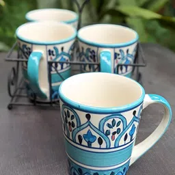 Clay Karma 4-Pcs Teal Blue & White Printed Ceramic Dishwasher Safe Mugs-picture-5
