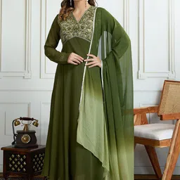 House of Pataudi Women Embroidered Zari Work A-Line Ethnic Dress With Dupatta-picture-25