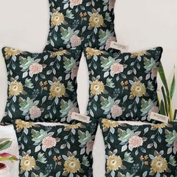 Blue Grass Black & Pink 5 Pieces Floral Printed Velvet Square Cushion Covers-image-27