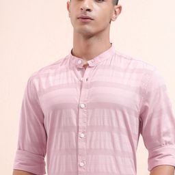 HIGHLANDER Men Band Collar Horizontal Striped Cotton Casual Shirt-image-53