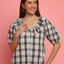 KIZI Women Checked Geometric Print Round Neck Cotton Top-picture-0
