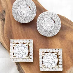fabula Women Set of 2 Cubic Zirconia Round and Square Contemporary Stud Earrings-4