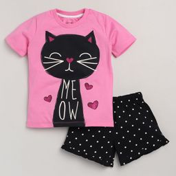 Little Marine Half Sleeves Cat Print T Shirt And Shorts - Pink-image-85