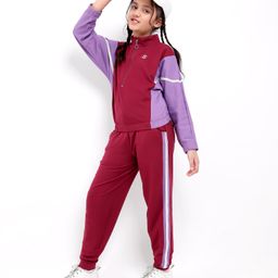Ollington St. Winterwear Set Of Sweatshirt With Front Zipper Cut And Sew And Lurex Tape On Sleeves And Joggers With Side Lurex Tape - Purple-image-23
