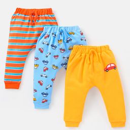 Babyhug Cotton Knit Full Length Diaper Leggings Striped & Car Print Pack of 3 - Blue Orange & Yellow-image-76