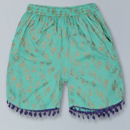 Kiddopanti Seamless Planet Universe Foil Printed With Pom Pom Lace Embellished Shorts - Light Green-image-71