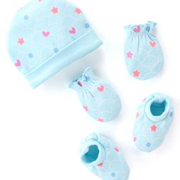 Babyhug 100% Cotton Cap Mittens & Booties Stars & Hearts Print Blue- Diameter 11 cm-image-91