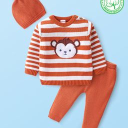 Babyhug Organic Cotton Knit Full Sleeves Sweater Set with Cap Monkey Design - White & Orange-image-17