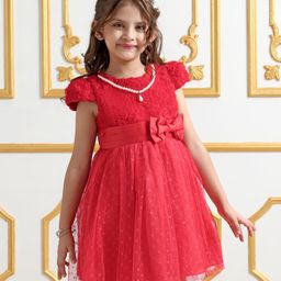 Mark & Mia  Half Sleeves  Party Frock with Floral & Bow Applique - Red-image-31