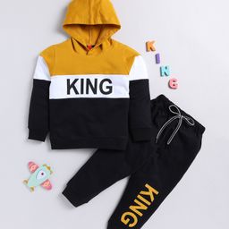 TOONYPORT Full Sleeves King Text Printed Coordinating Colour Blocked Hooded Sweatshirt & Joggers Set - Black & Yellow-image-98