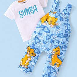 Babyhug Disney 100% Cotton Knit Single Jersey Dungaree & Half Sleeves T-Shirt With Lion King Print - White & Blue-image-60