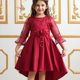 Mark & Mia  Woven Tharee Fourth Sleeves High Low Partywear Frock with Bow Detailing - Maroon-image-25