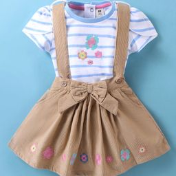 ToffyHouse 100% Cotton Knit Half Sleeves Striped Top & Corduroy Skirt Set With Floral Embroidery - Brown-picture-15