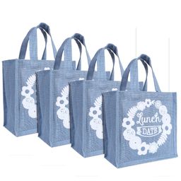Kuber Industries Lunch BagReusable Jute Fabric Tote BagLunch Date Print Tiffin Carry Hand bag with Handle For office,School,Gift,Pack of 4,Gray,-82