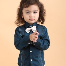 Polka Tots Cotton Full Sleeves Striped Shirt With Bow Tie  - Blue-image-63