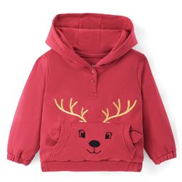 Doodle Poodle 100% Cotton Light Weight Looper Knit Full Sleeves Hooded Sweatshirt with Reindeer Embroidery & Kangaroo Pockets - Red-image-12