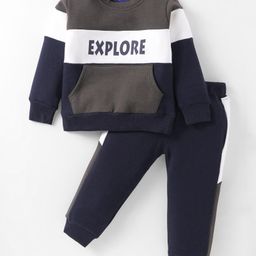 Pepito Fleece Knit Full Sleeves Winter Wear T-Shirt & Lounge Pant Set With Text Print & Kangaroo Pocket - Navy Blue-image-39