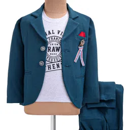 JASH KIDS Cotton Knit Full Sleeves Solid Colour Blazer with Printed T-ShirtTrouser Set & Broach Detailing - Teal Blue-picture-27