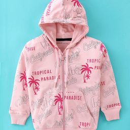 Doreme Terry Knit Full Sleeves Front Open Hooded Sweat Jacket With Tropical Theme Print & Kangaroo Pockets - Pink-image-36